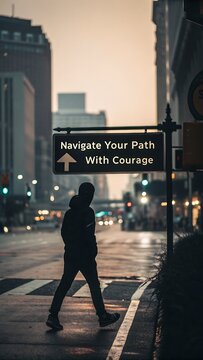 Silhouette Of A Person Navigating The City Streets With Motivation