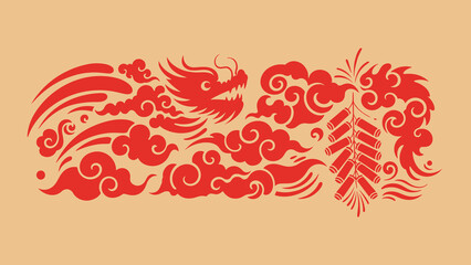 Traditional Chinese Dragon and Firecrackers Vector Illustration for Lunar New Year Celebration.
