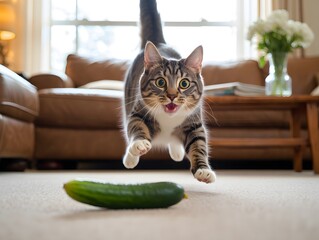 Domestic tabby cat attack jumping over a cucumber low angle