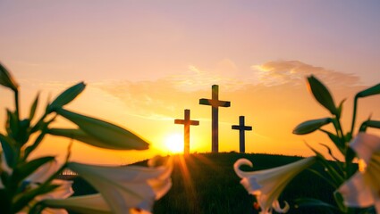 Easter Sunset Three Crosses Silhouette Lilies