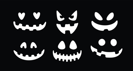 Obraz premium This spooky Jack-o'-lantern face set features six unique, minimalist pumpkin carving templates. Rendered in high-contrast white on a deep black background, these silhouettes capture a range of classic