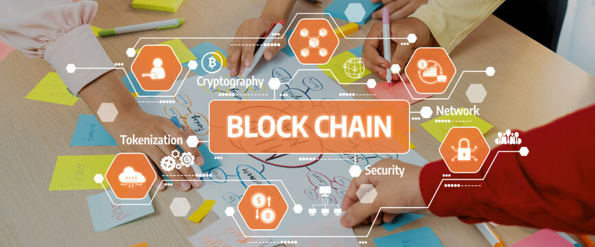 Engage in a vibrant blockchain workshop showcasing hands working on colorful notes. The image depicts teamwork around key concepts like security and tokenization. Amity - Powered by Adobe