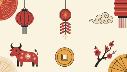 Fototapeta premium Elegant Chinese Lunar New Year pixel art icon collection on a neutral background, featuring lanterns, firecrackers, zodiac ox, coins, and plum blossoms.