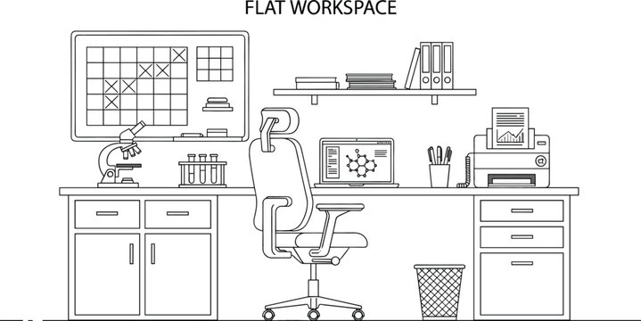 Flat vector line art illustration of a scientific laboratory workspace featuring a microscope laptop test tubes and whiteboard.