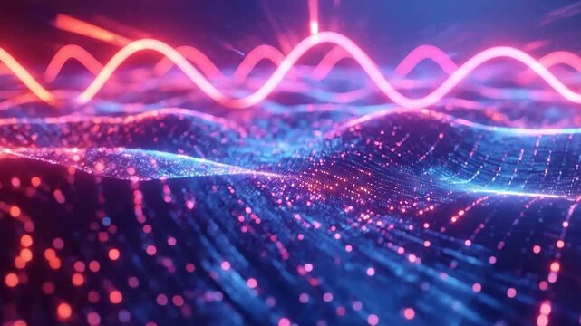Abstract digital landscape with glowing particles and waves, creating a futuristic and dynamic backdrop.