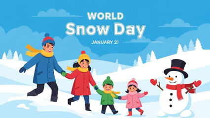 Happy family enjoying winter wonderland scene together with snowman on world snow day january 21, snow