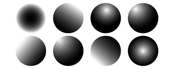 Grainy noise circles vector set. Dot grain texture circles. Spray texture sand and dissolving circles. Abstract black spheres with gradient stipple pattern.  Vector illustration