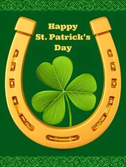 Golden Horseshoe Four Leaf Clover St Patricks Day Card