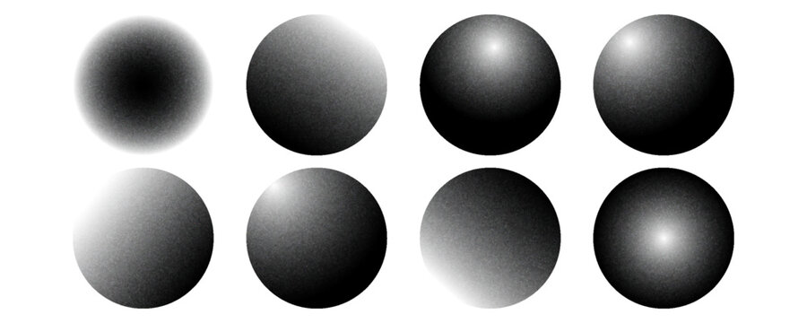 Grainy noise circles vector set. Dot grain texture circles. Spray texture sand and dissolving circles. Abstract black spheres with gradient stipple pattern.  Vector illustration