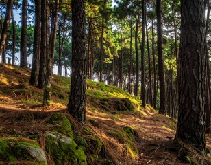 Serene Forest Landscape with Tall Trees and Moss.