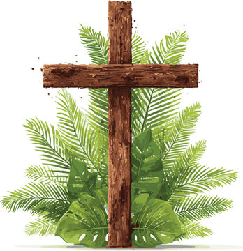 Generated Palm Sunday clipart design. Happy easter Sunday with wood Christian cross for Jesus Christ resurrection and risen catholic celebration. Vector illustration