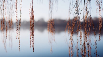 willow. Willow branches arching gracefully over a calm water surface in morning light. gardening catalogs, home-decor guides, designed for home decor and floral branding, used by clinicians.
