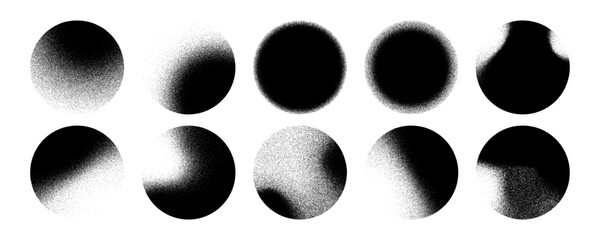 Grainy noise circles vector set. Dot grain texture circles. Spray texture sand and dissolving circles. Abstract black spheres with gradient stipple pattern.  Vector illustration