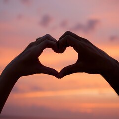 Silhouette Hands Forming Heart Shape Against Sunset Sky