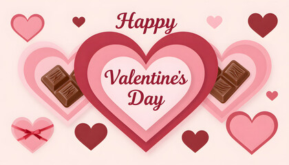 Valentine&rsquo;s Day background featuring hearts, valentines day greeting card, &ldquo;Happy Valentine&rsquo;s Day&rdquo; text, red roses, and chocolates.