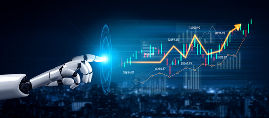A robotic hand interacts with a digital stock market chart, illustrating the integration of technology in finance for innovative investment strategies and data analysis. Scalp