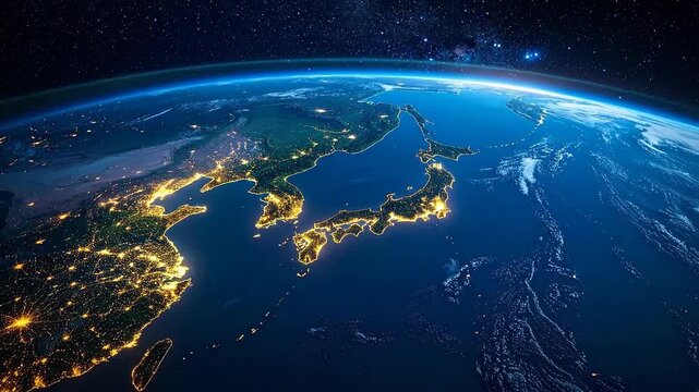 Nighttime View of East Asia from Space with City Lights