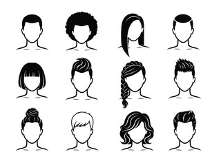 Diverse collection of black and white hairstyle icons for design and illustration