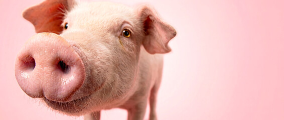 Close Up of Pig&rsquo;s Nose in Sharp Focus in Foreground, Pink Empty  Studio Background