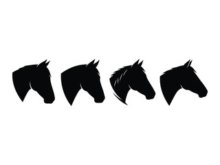 Four black silhouettes of horse heads arranged in a horizontal line