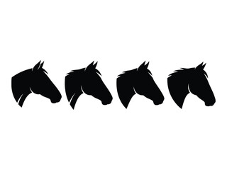 Four silhouetted horse heads arranged in a row against a white background