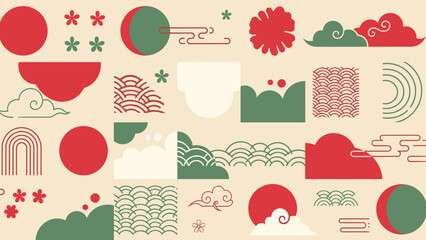Collection of abstract Lunar New Year elements in red, green, and cream, featuring stylized suns, moons, clouds, and wave patterns, modern graphic resources.