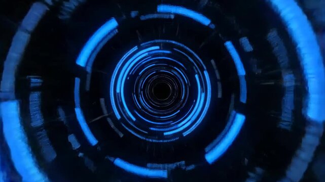 Abstract blue circular forms against a dark background create a tunnel effect.