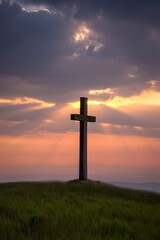 Wooden Cross Silhouette Dramatic Sunset Spiritual Light Rays