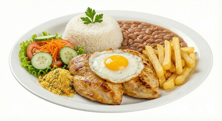 Brazilian executive plate (PF) with grilled chicken breast fillet steak, white rice, beans, fried egg, French fries, and fresh salad. Image on white background, ideal for menus, advertising, and gastr