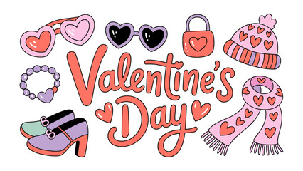 Valentine's Day Delights: A collection of charming Valentine's Day essentials, featuring heart-shaped accessories, whimsical eyewear, and the celebratory phrase. Embracing love and romance.