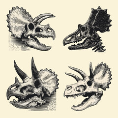 Generated on Dinosaur skeleton linocut print set, tattoo dino skull, vector prehistoric archaeology fossil icon. Jurassic reptile engraving sticker, triceratops silhouette, reptor head vector. © MdMasud