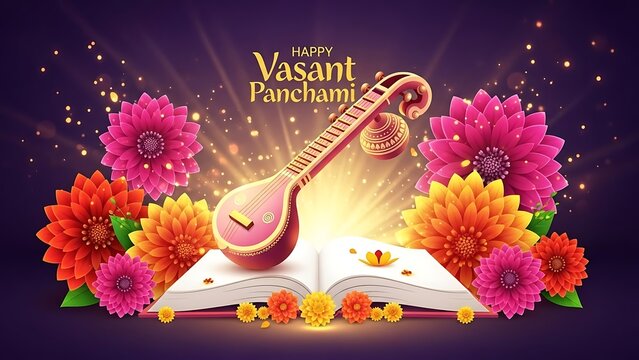 Happy vasant panchami celebration with veena and flowers