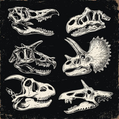Generated on Dinosaur skeleton linocut print set, tattoo dino skull, vector prehistoric archaeology fossil icon. Jurassic reptile engraving sticker, triceratops silhouette, reptor head vector. © MdMasud