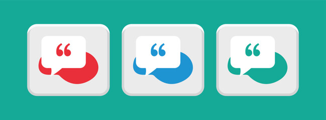 Three speech bubble icons with quotation marks on gray square background