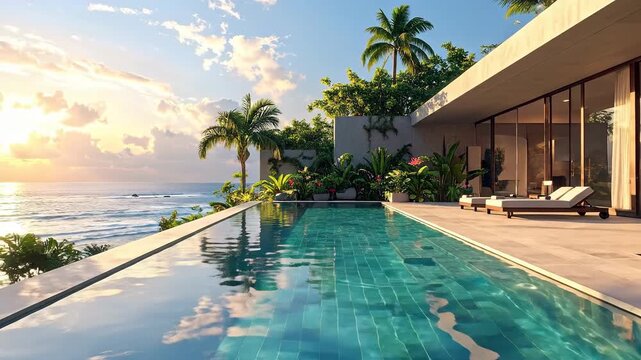 Luxury villa with infinity pool overlooking the ocean at sunset with palm trees.