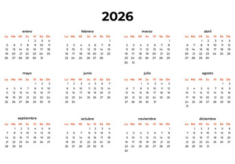 Vector simple black and white calendar in Spanish for 2026