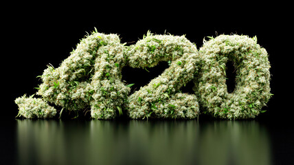 Number 420 made of cannabis flowers on black background