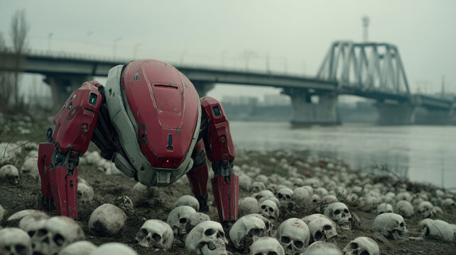 Metal robot with multiple legs crawling on human skulls