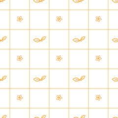 Seamless line art pattern with leaves and flowers arranged in a grid. 