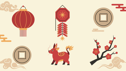 Pixel art icons for Chinese Lunar New Year, with lantern, firecrackers, coins, zodiac animal, and cherry blossom.