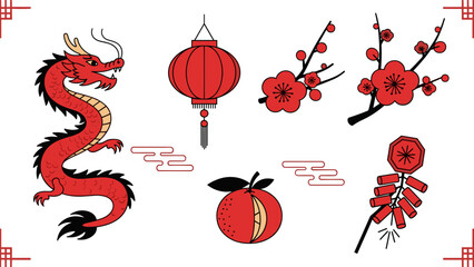 Outline Pixel Art Lunar New Year Icons with Majestic Dragon, Lantern, Plum Blossoms, Oranges, and Firecrackers
