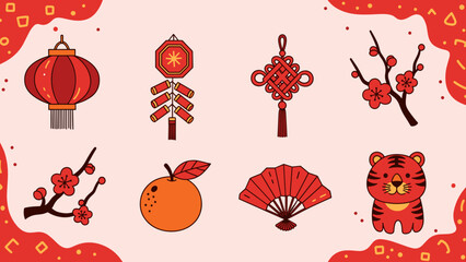 Pixel Art Lunar New Year Icons with Lantern, Firecrackers, Knot, Plum Blossoms, Orange, Fan, and Adorable Tiger