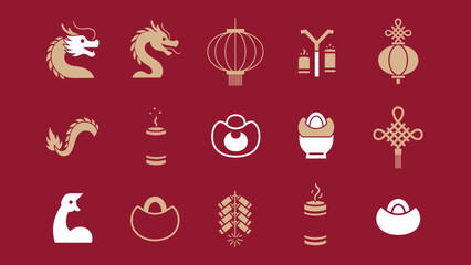 Elegant Pixel Art Lunar New Year Icons with Golden Dragons, Lanterns, Firecrackers, and Traditional Ornaments on Red