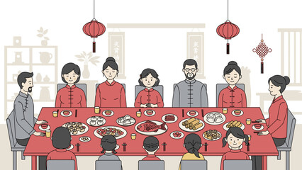 Chinese Lunar New Year Family Dinner Celebration with Traditional Food and Decorations Illustration