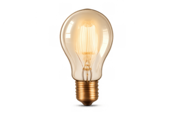Glowing vintage edison style light bulb providing bright idea, inspiration, creativity, and innovation, transparent background