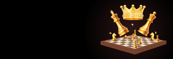 3d golden Crown with chess piece king, queen and chessboard with pawn, knight, bishop. Stock vector illustration on black isolated background. © Игорь Жуков