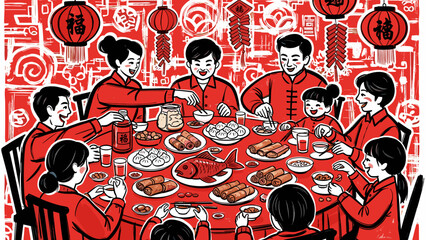 Vibrant Chinese Lunar New Year Family Feast with Traditional Dishes and Festive Decorations Illustration