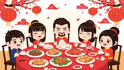 Cute Cartoon Chinese Lunar New Year Family Dinner Celebration with Festive Decorations and Traditional Food