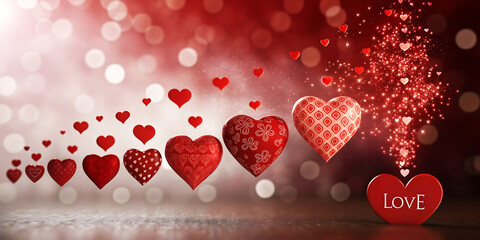 A cascade of red hearts with intricate patterns and a single heart with the word LOVE love romance