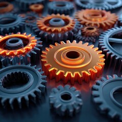 Gold Gear In Motion Among Steel Cogs